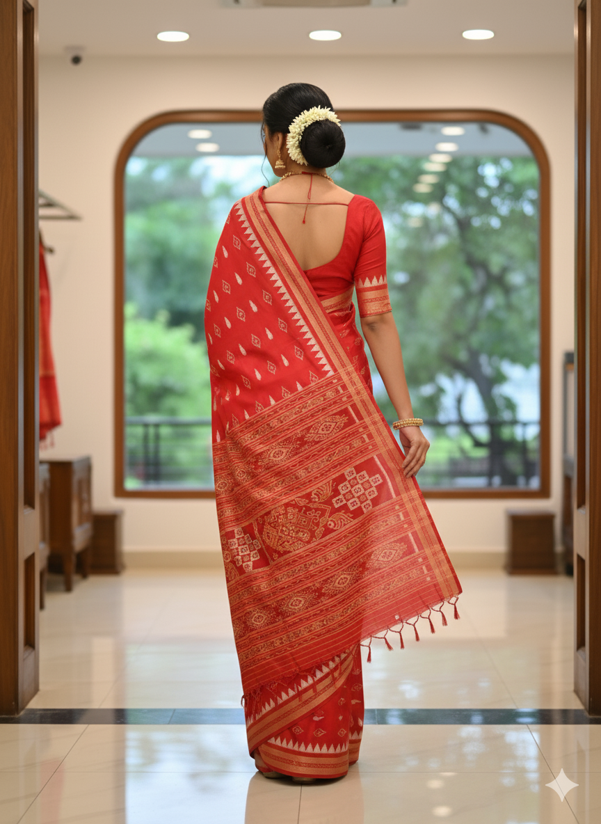 Red Sankha Design Khandua Silk Saree