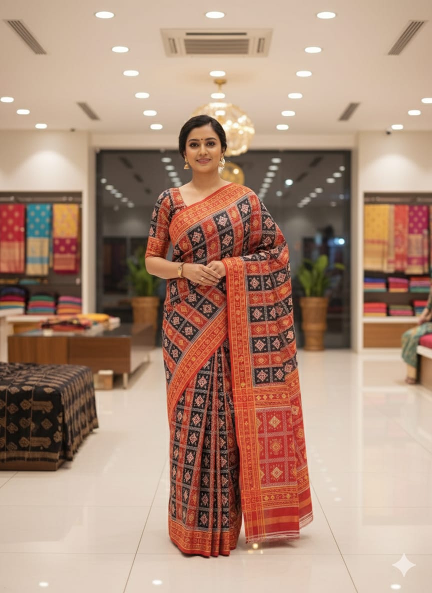 Red Black 3D Pasapali Khandua Silk Saree