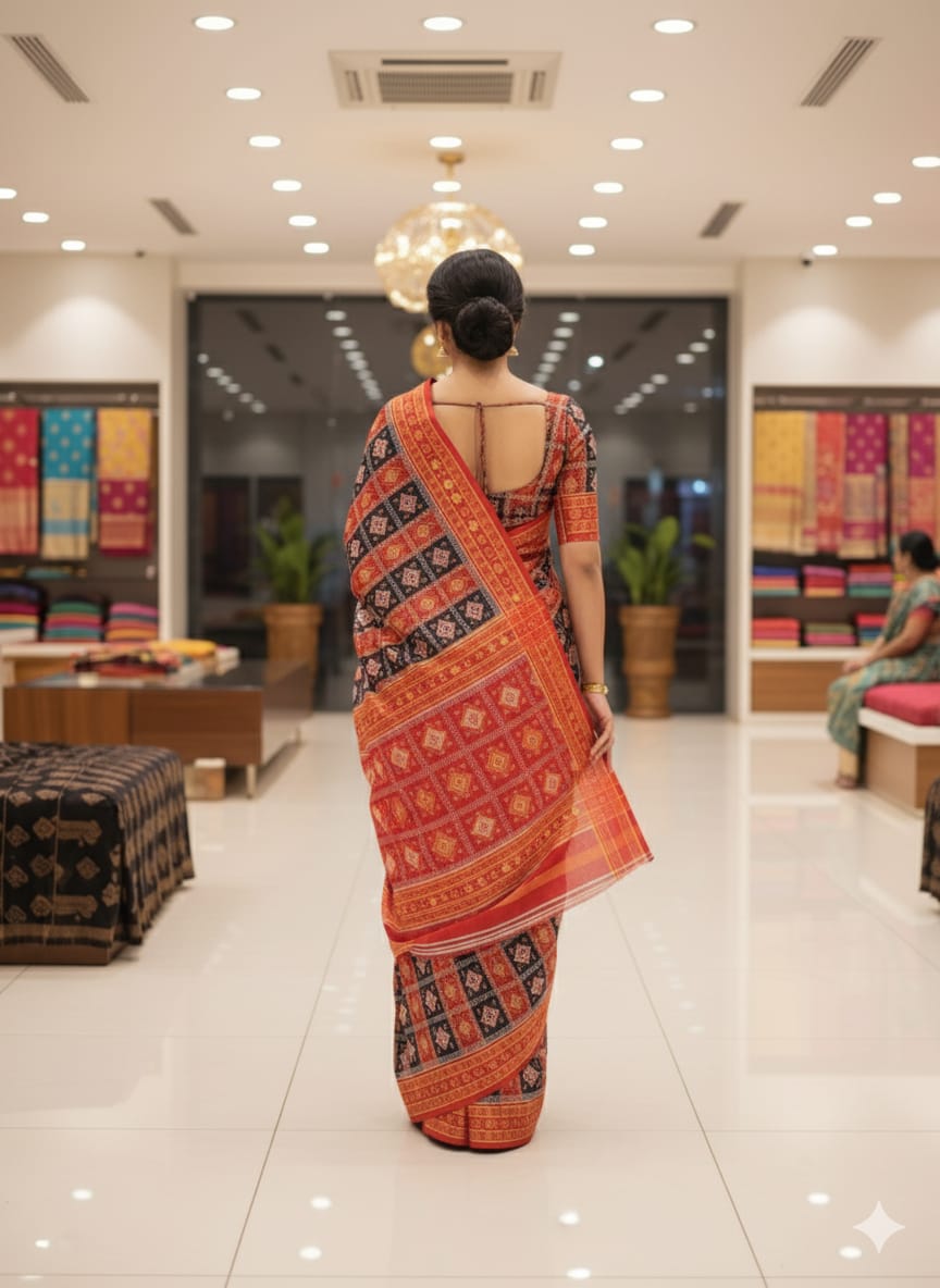Red Black 3D Pasapali Khandua Silk Saree