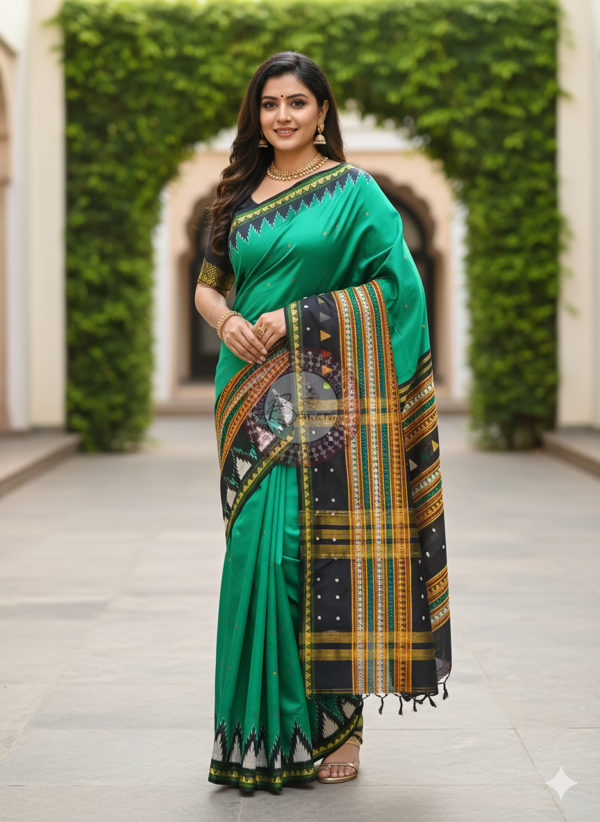 Green Black Dongria Border Khandua Silk Saree