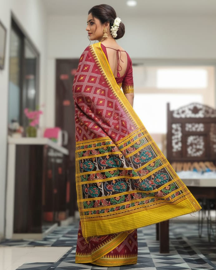 Maroon Yellow Tarabali Design Khandua Silk Saree