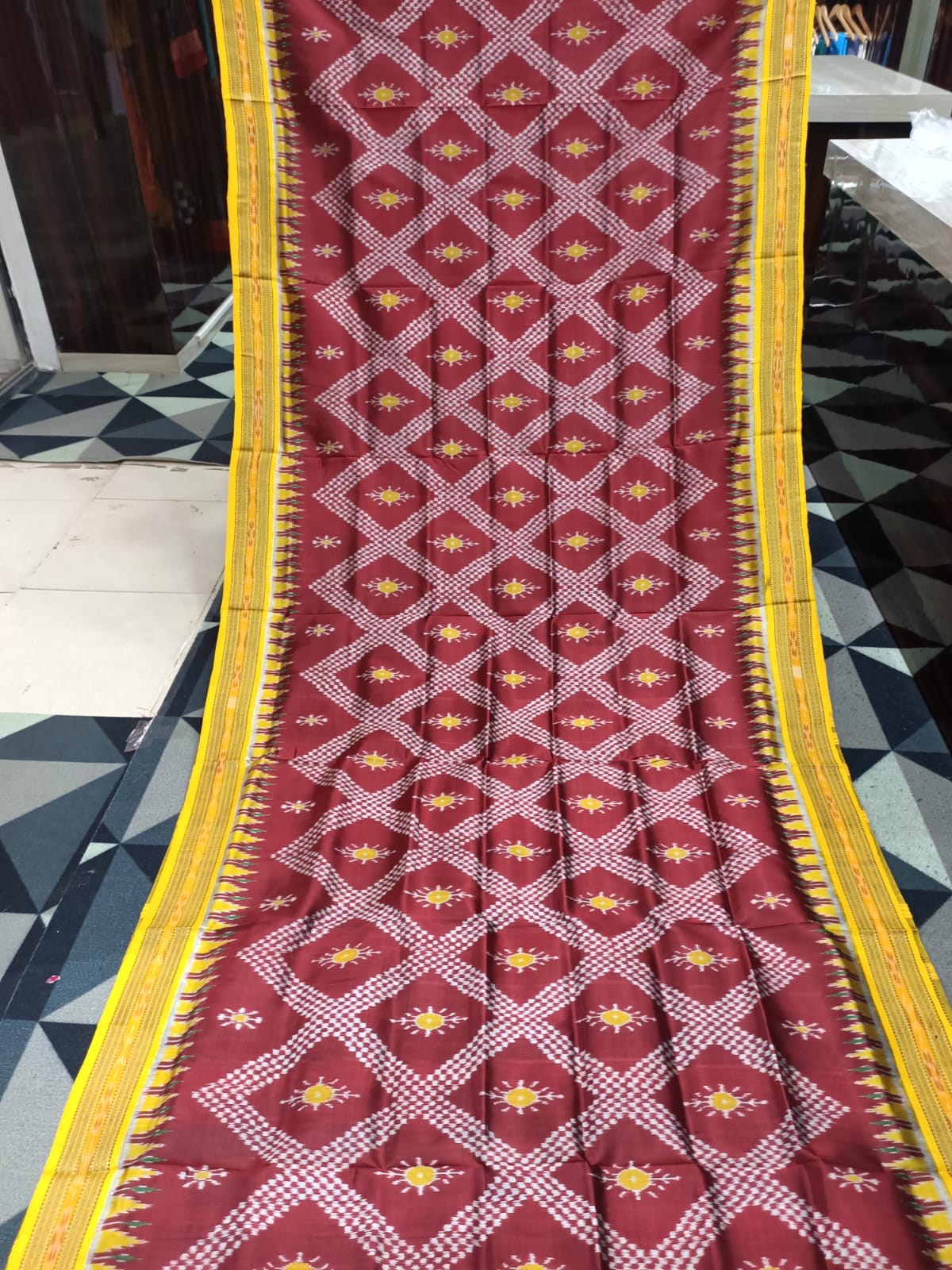Maroon Yellow Tarabali Design Khandua Silk Saree