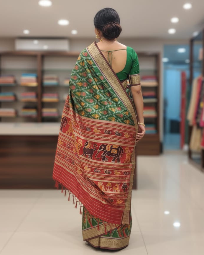Green Maroon Tree Design Mulberry Silk Saree