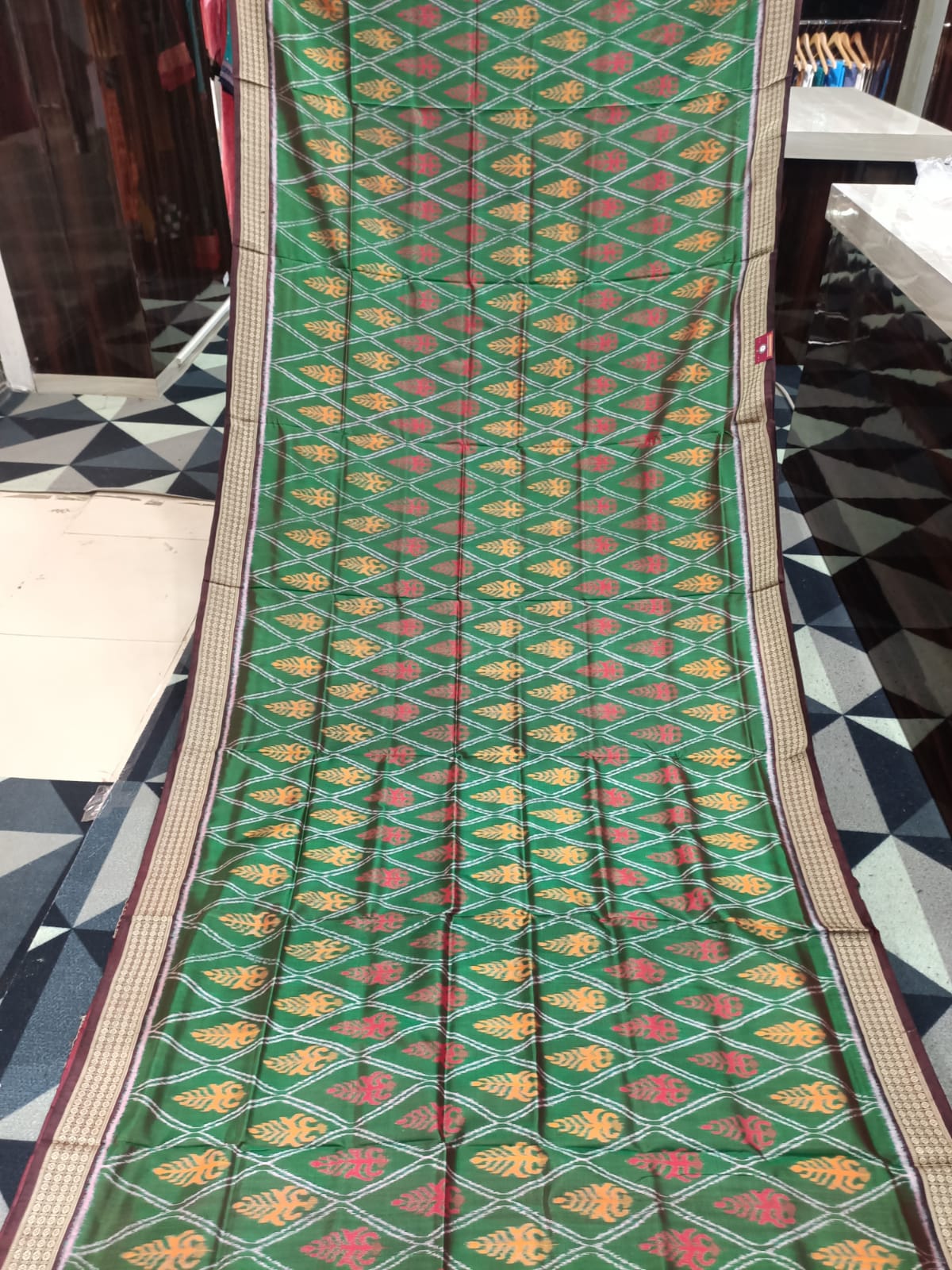 Green Maroon Tree Design Mulberry Silk Saree