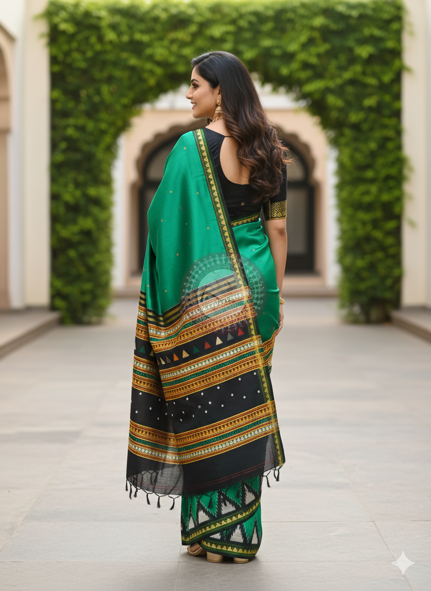 Green Black Dongria Border Khandua Silk Saree