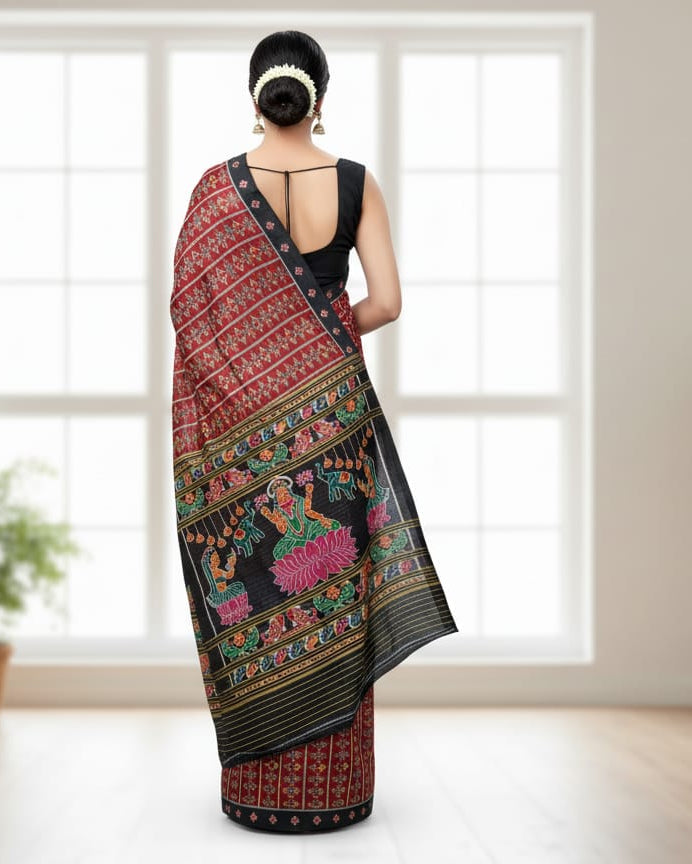 Maroon Black Sankha Design Khandua Silk Saree