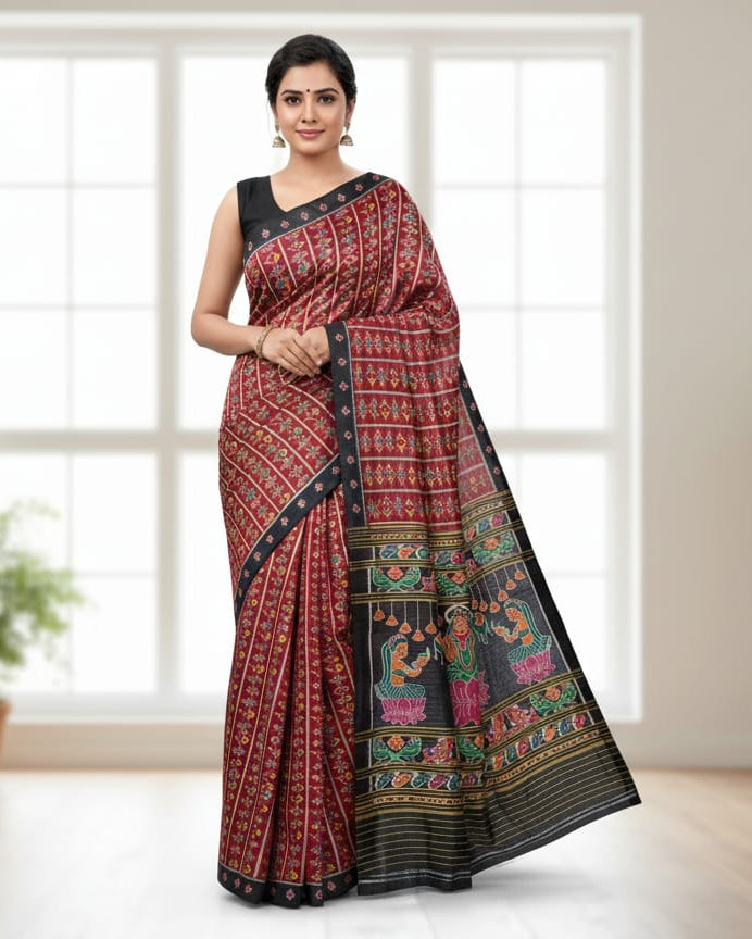 Maroon Black Sankha Design Khandua Silk Saree