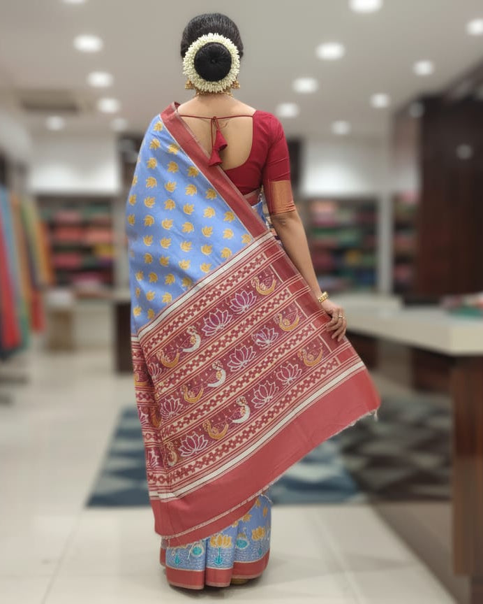 Sky Blue Maroon Scot Swan Design Mulberry Silk Saree