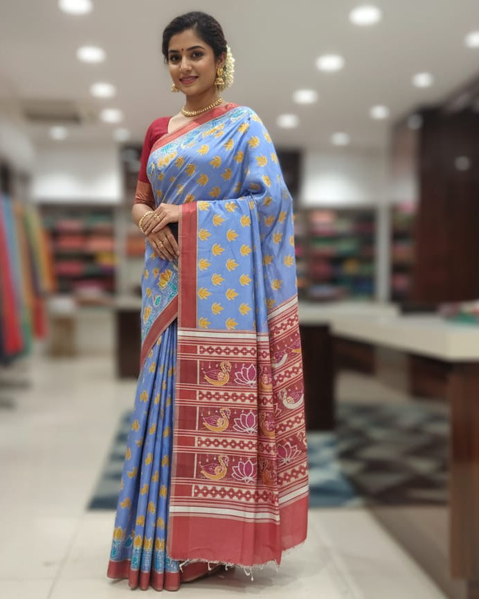 Sky Blue Maroon Scot Swan Design Mulberry Silk Saree