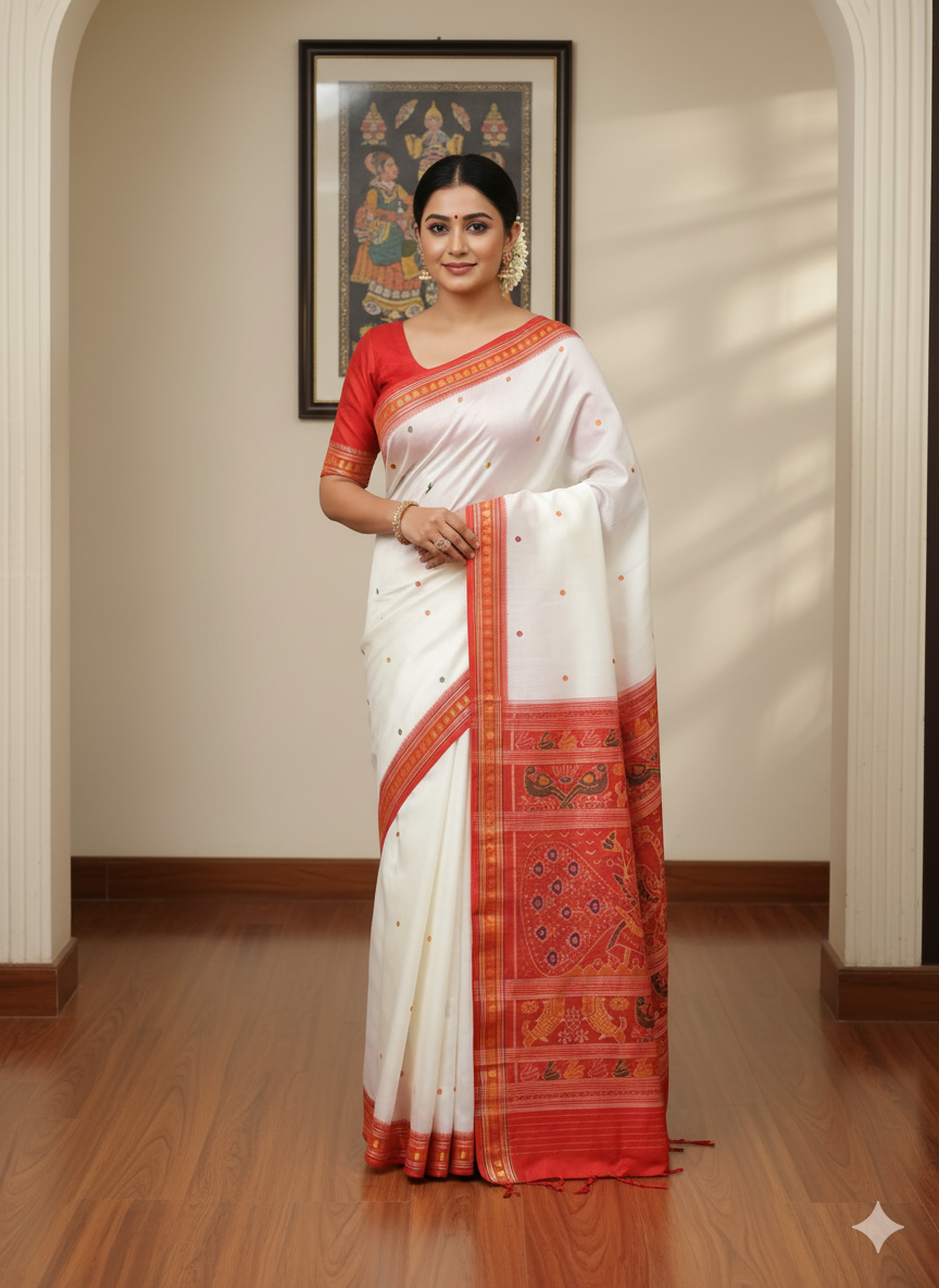 White Red Dongria Border Peacock Anchle Khandua Silk Saree