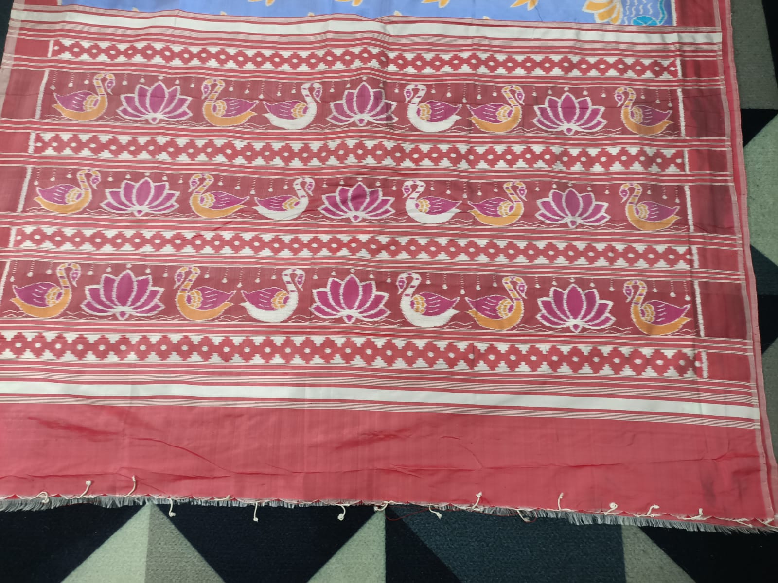 Sky Blue Maroon Scot Swan Design Mulberry Silk Saree