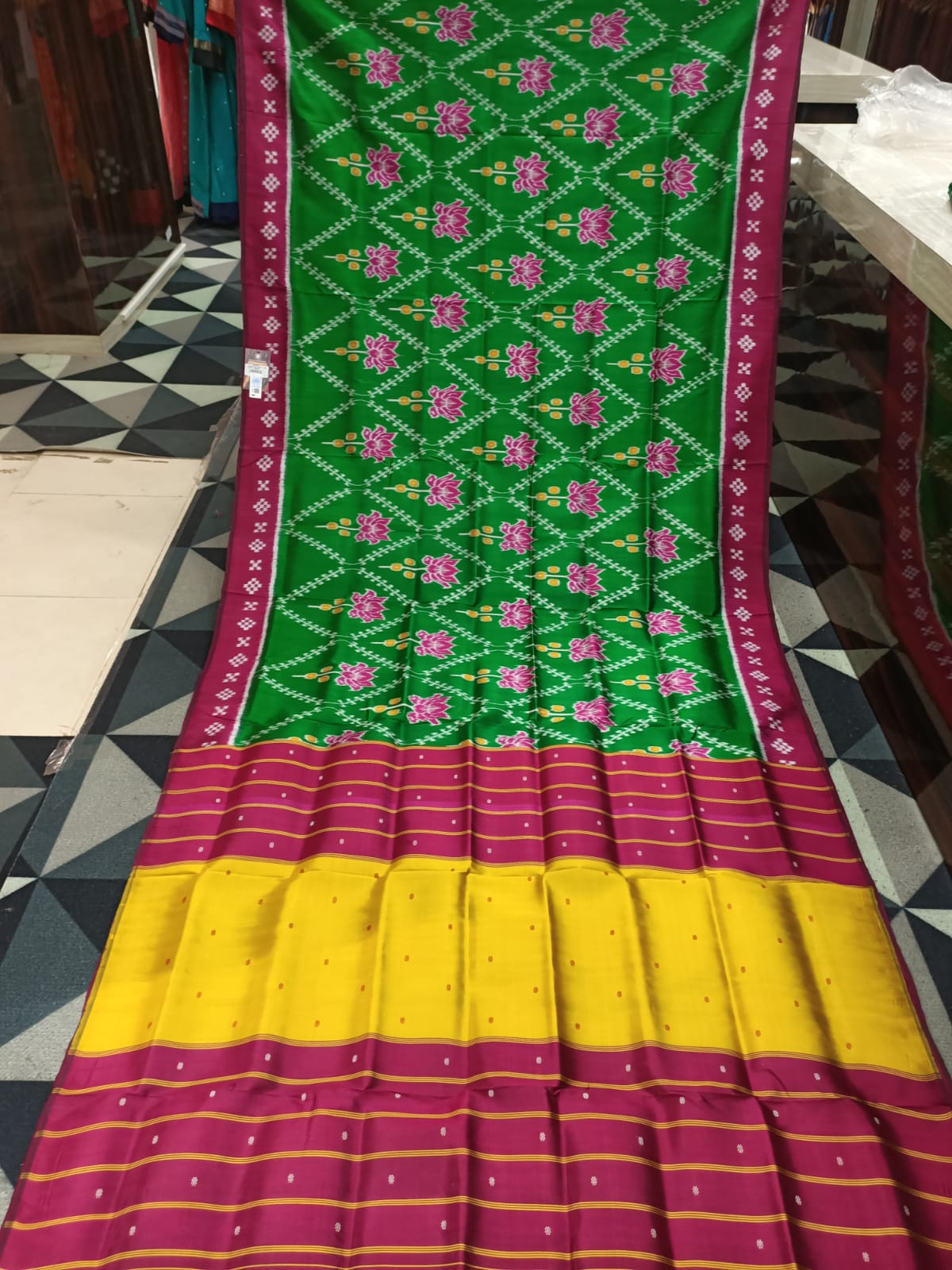 Green Magenta Lotus Design Khandua Silk Saree