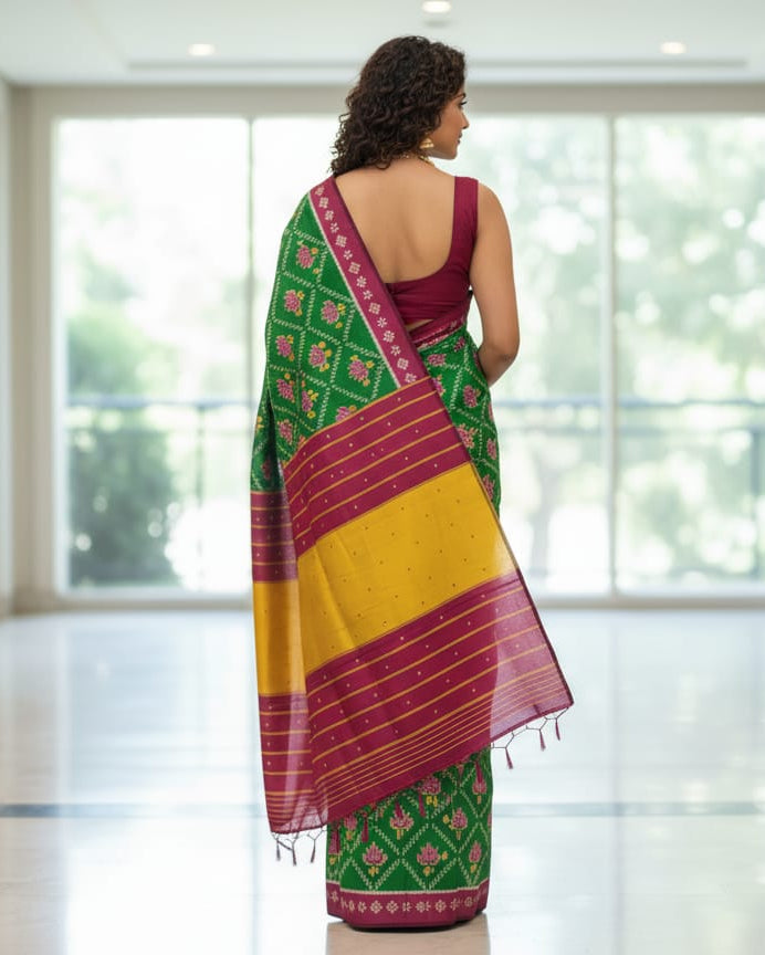 Green Magenta Lotus Design Khandua Silk Saree