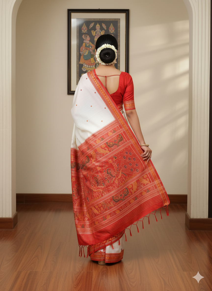 White Red Dongria Border Peacock Anchle Khandua Silk Saree