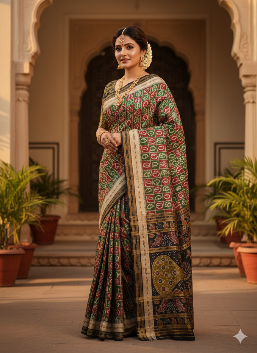 Green Maroon Black Odia Alphabet Design Khandua Silk Saree