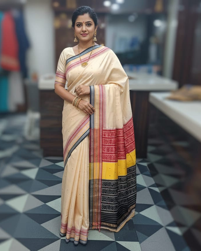 Off White Multi colour Kathiphera Khandua Silk Saree