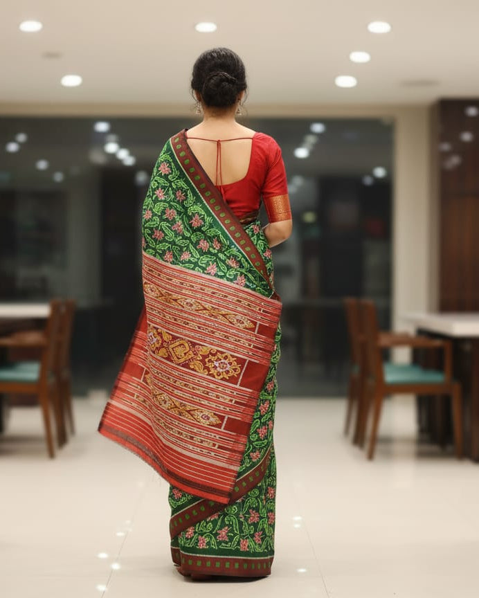 Green Maroon Lotus Parrot Design Mulberry Silk Saree