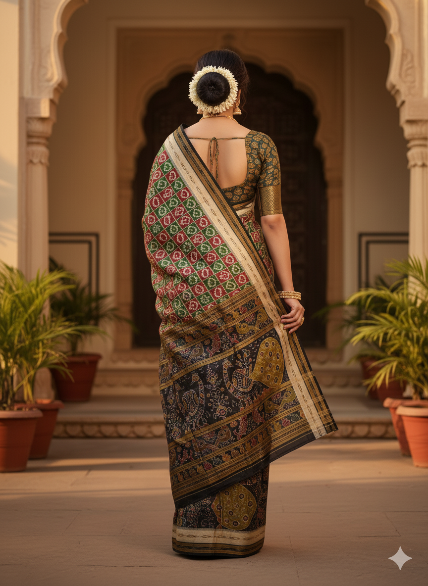 Green Maroon Black Odia Alphabet Design Khandua Silk Saree