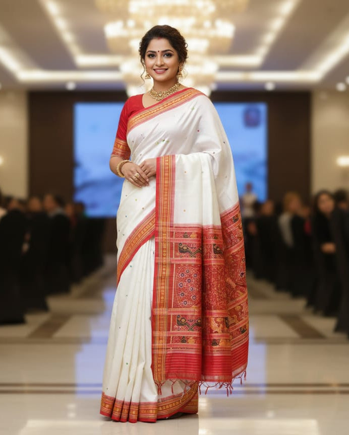 White Red Dongria Border Khandua Silk Saree