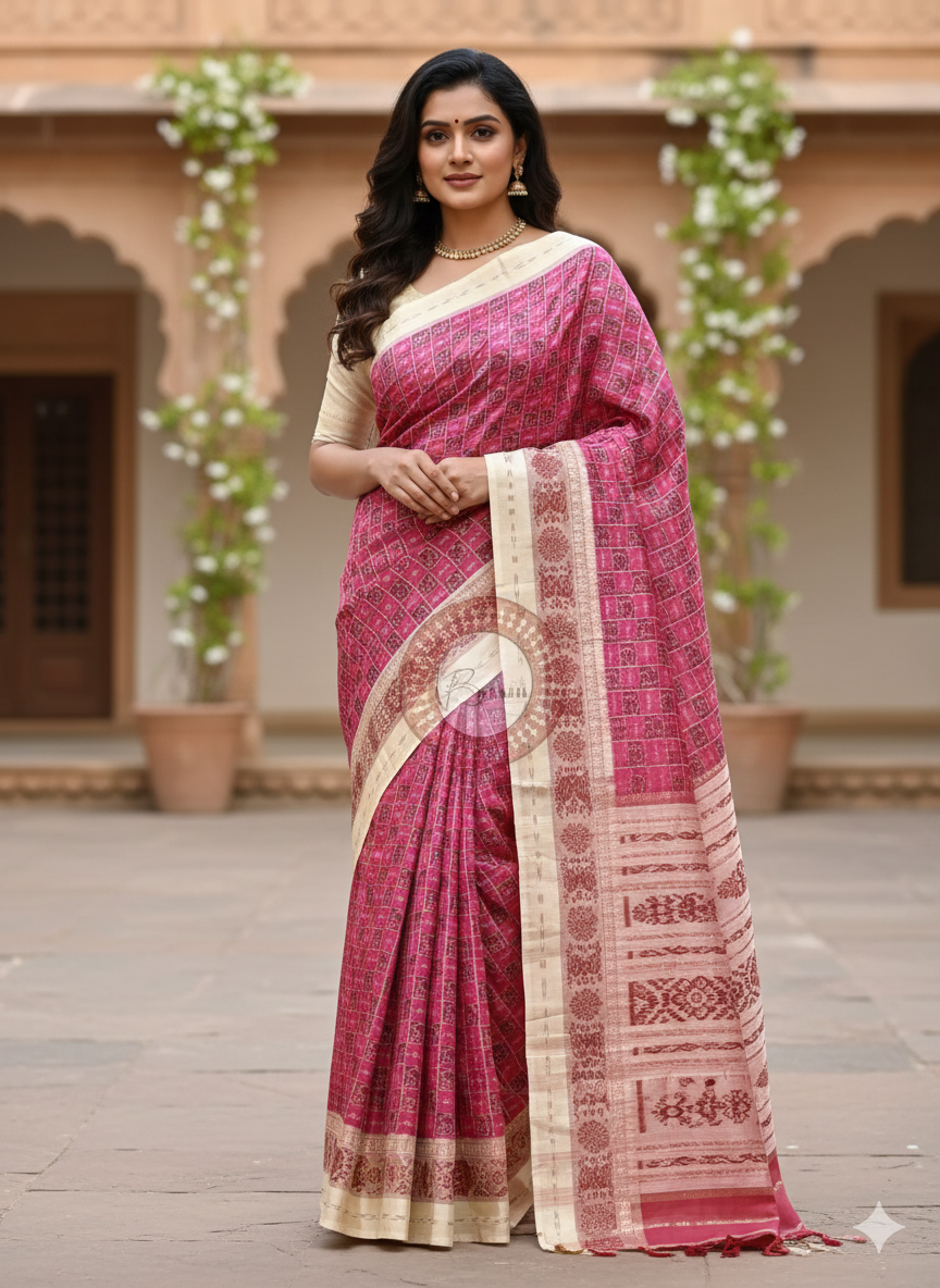 Pink White Animal Design Khandua Silk Saree