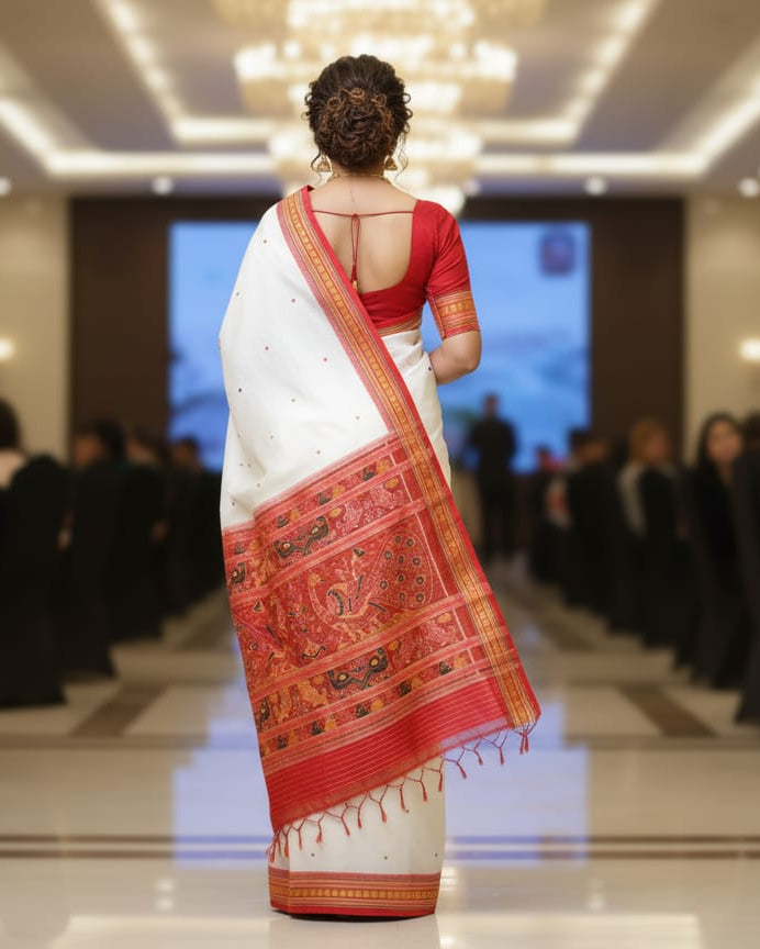 White Red Dongria Border Khandua Silk Saree