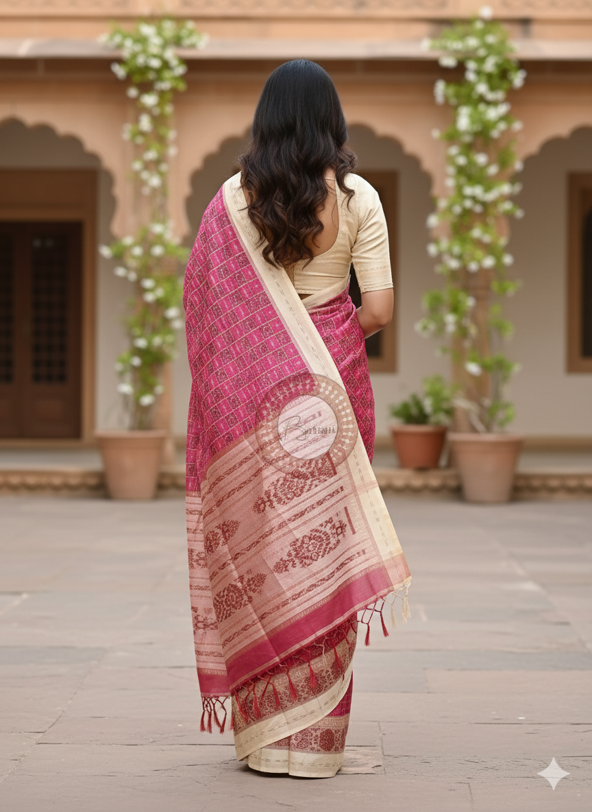 Pink White Animal Design Khandua Silk Saree