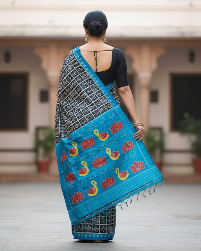 Black Copper Sulphate Nabakothi  Design Mulberry Silk Saree
