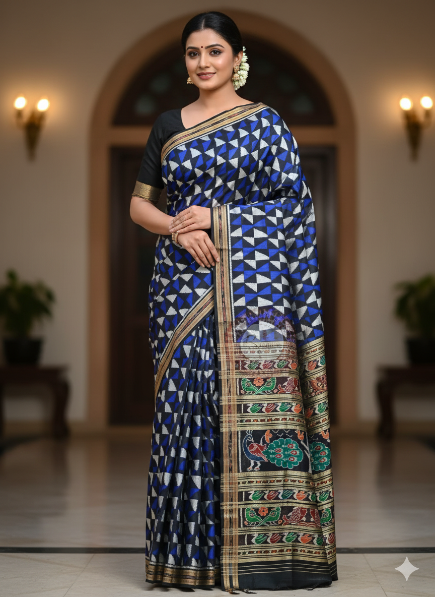 Blue Black Flag Design Khandua Silk Saree