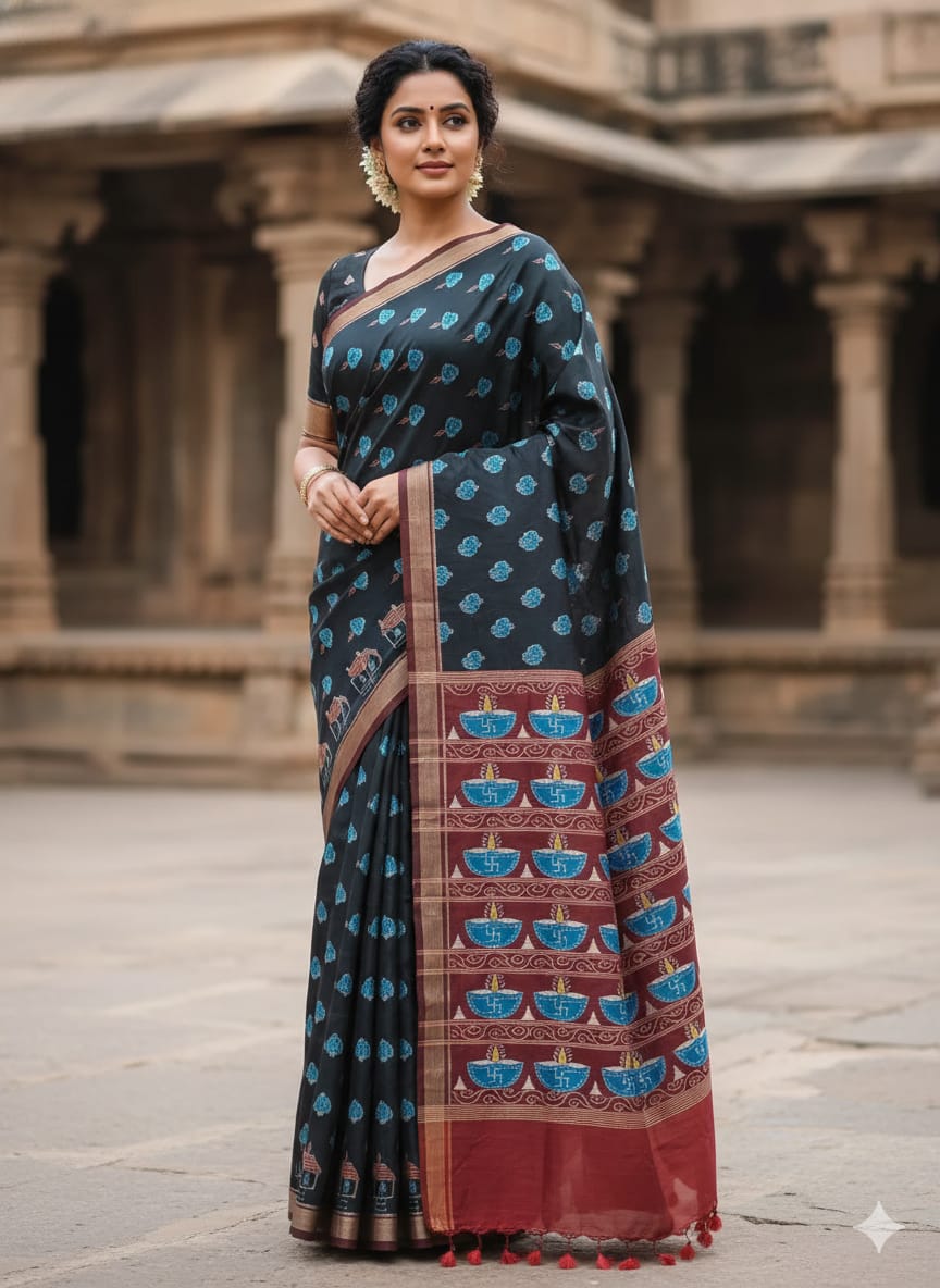 Black Maroon Diwali Design Mulberry Silk Saree