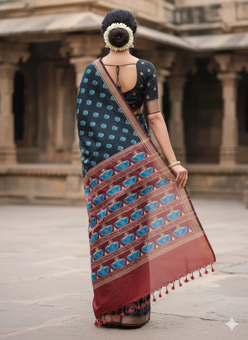 Black Maroon Diwali Design Mulberry Silk Saree