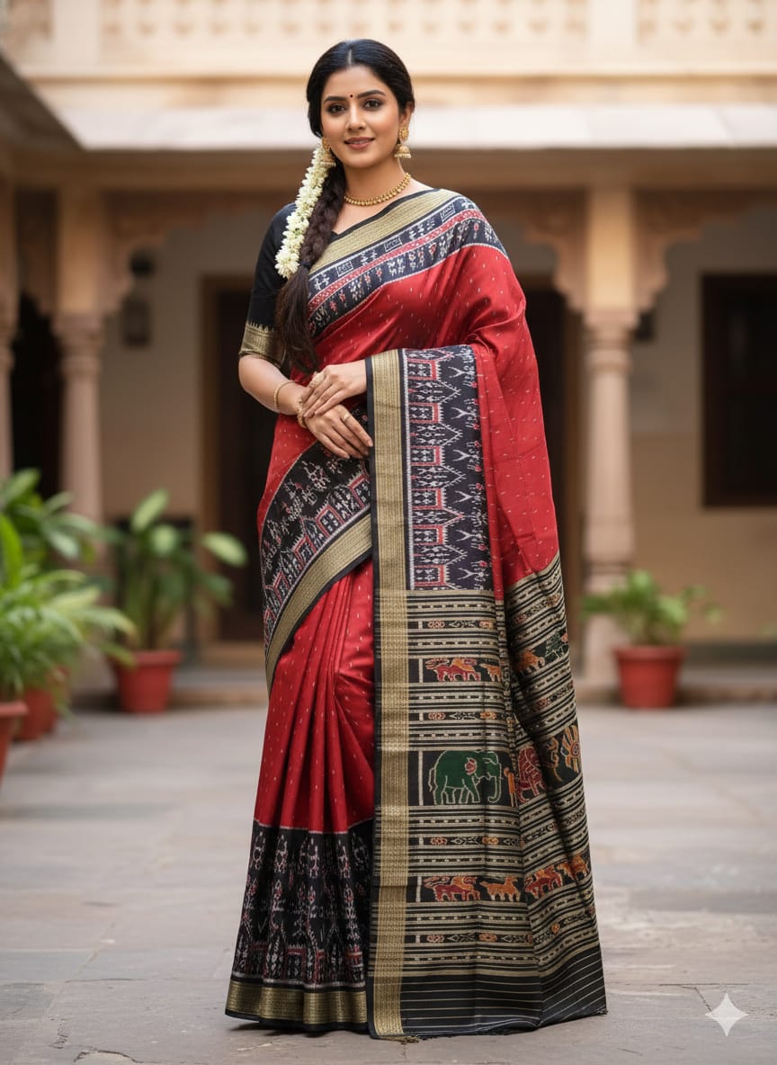 Maroon Black Scot Design Mulberry Silk Saree