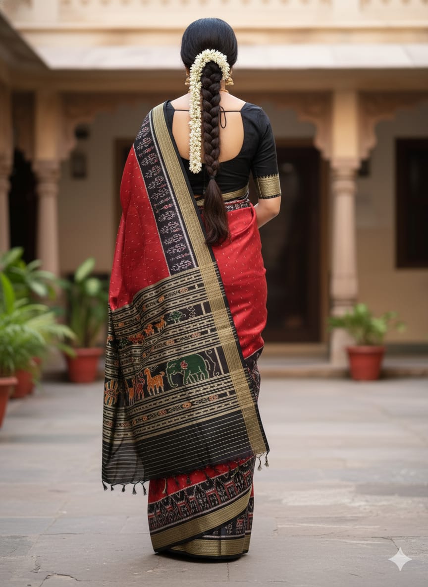 Maroon Black Scot Design Mulberry Silk Saree