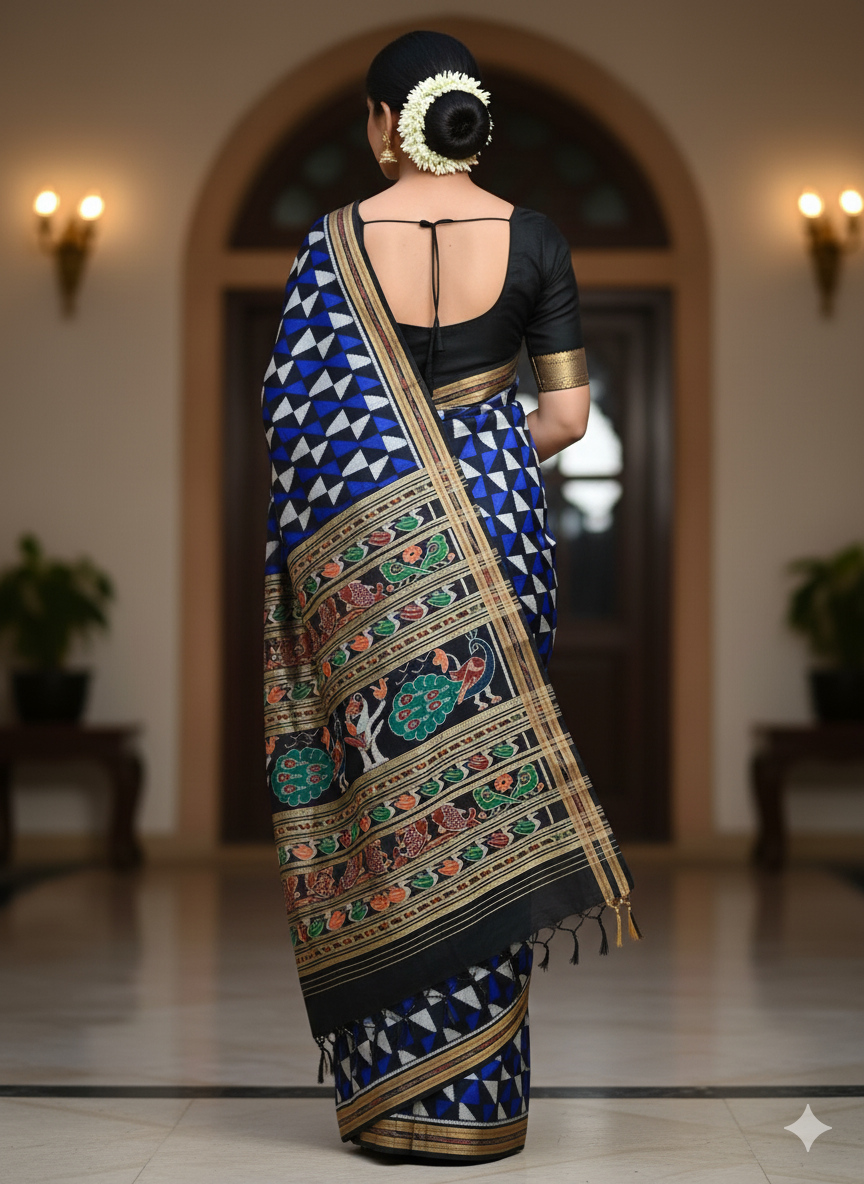Blue Black Flag Design Khandua Silk Saree
