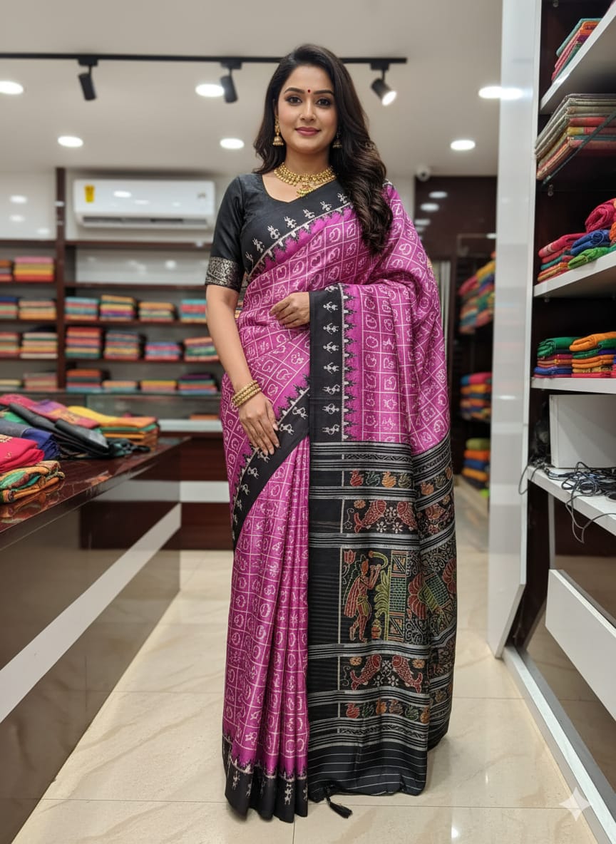 Purple Black Odia Alphabet Design Mulberry Silk Saree