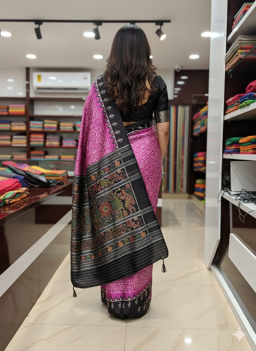 Purple Black Odia Alphabet Design Mulberry Silk Saree