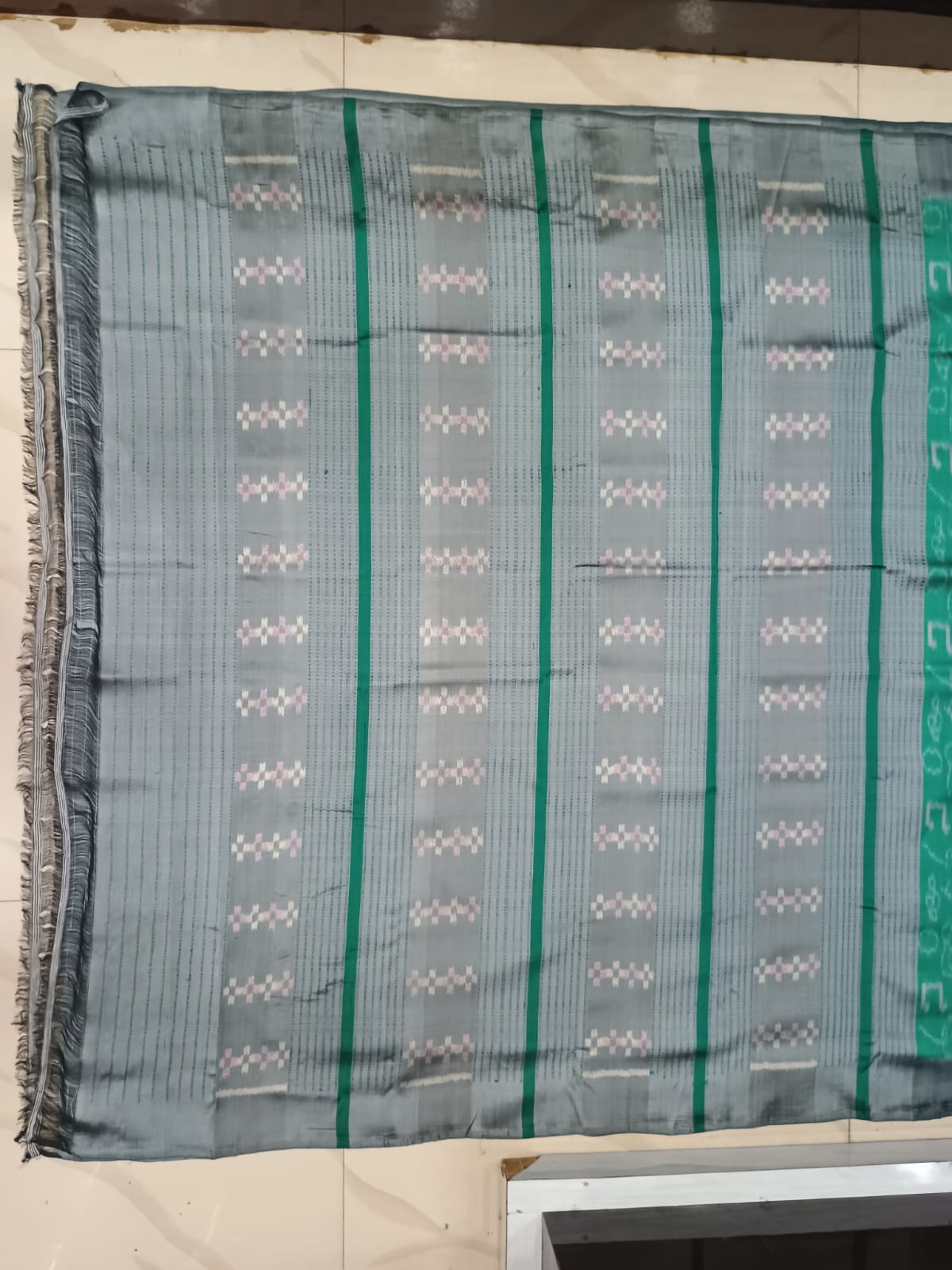 Sea Green Grey Musical Design Mulberry Silk Saree