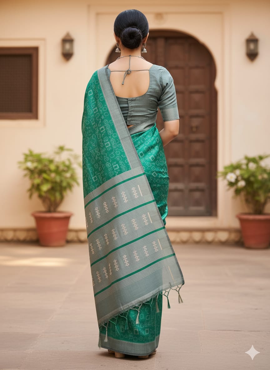 Sea Green Grey Musical Design Mulberry Silk Saree