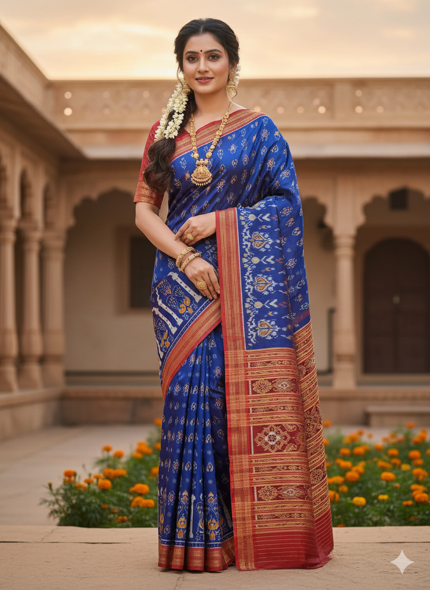 Blue Red Peacock Scot Design Khandua Silk Saree