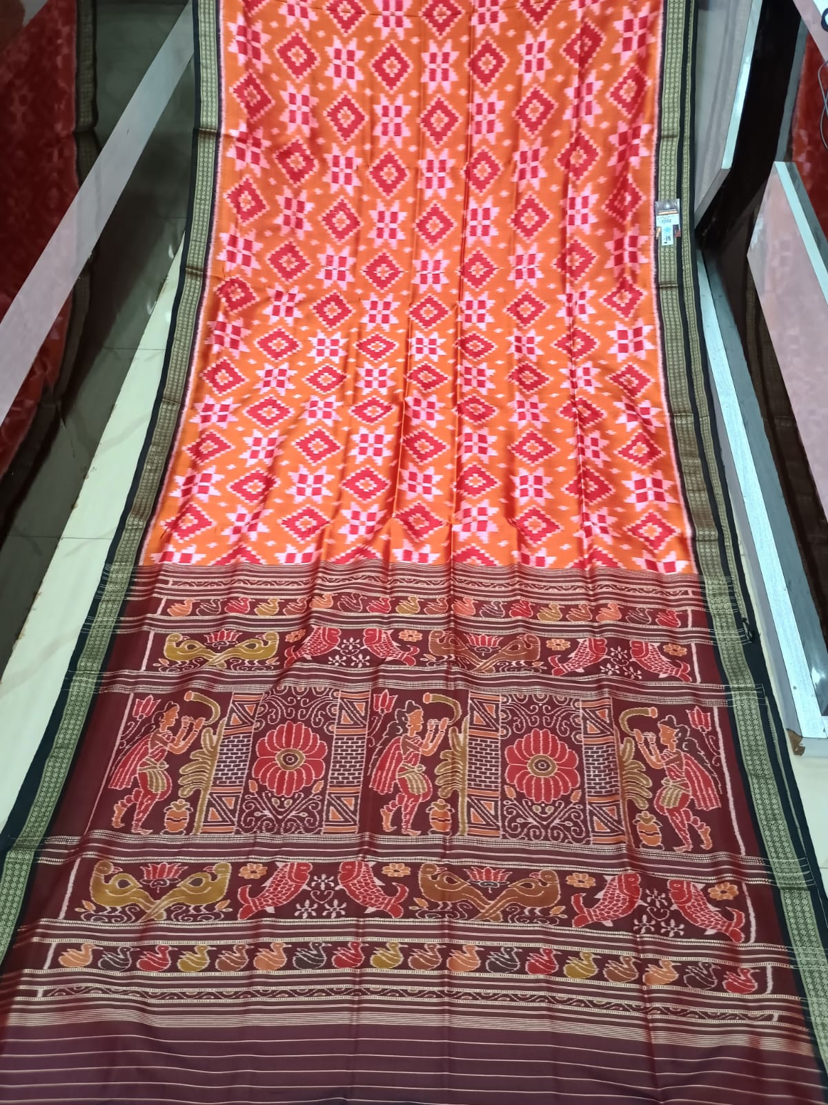 Orange Maroon Pasapali Design Mulberry Silk Saree