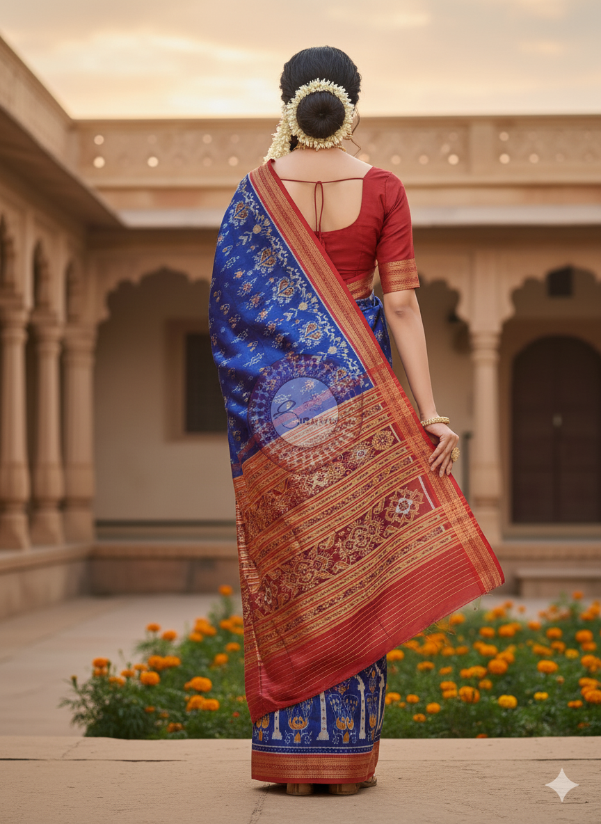 Blue Red Peacock Scot Design Khandua Silk Saree