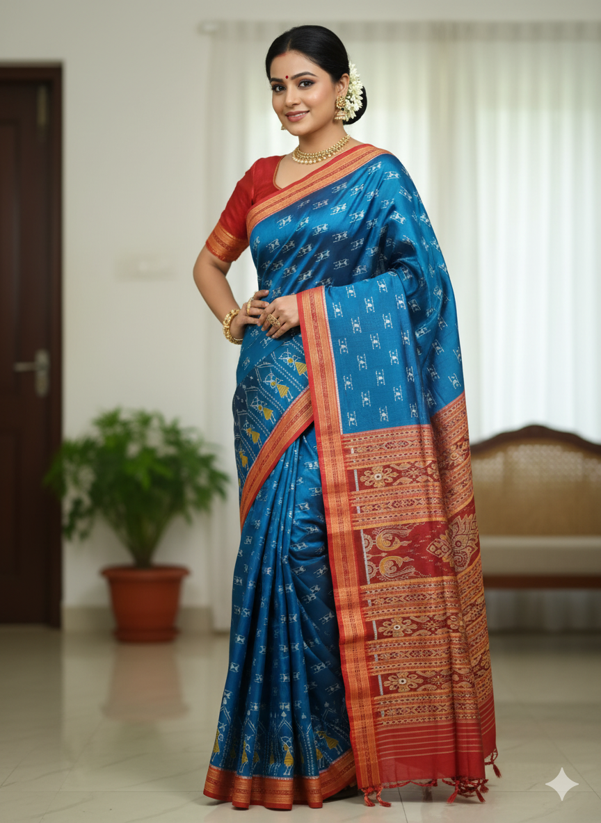 Teal Blue Red Tribal Design Khandua Silk Saree