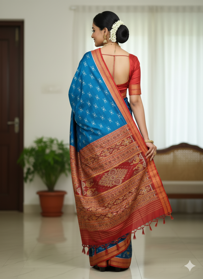 Teal Blue Red Tribal Design Khandua Silk Saree
