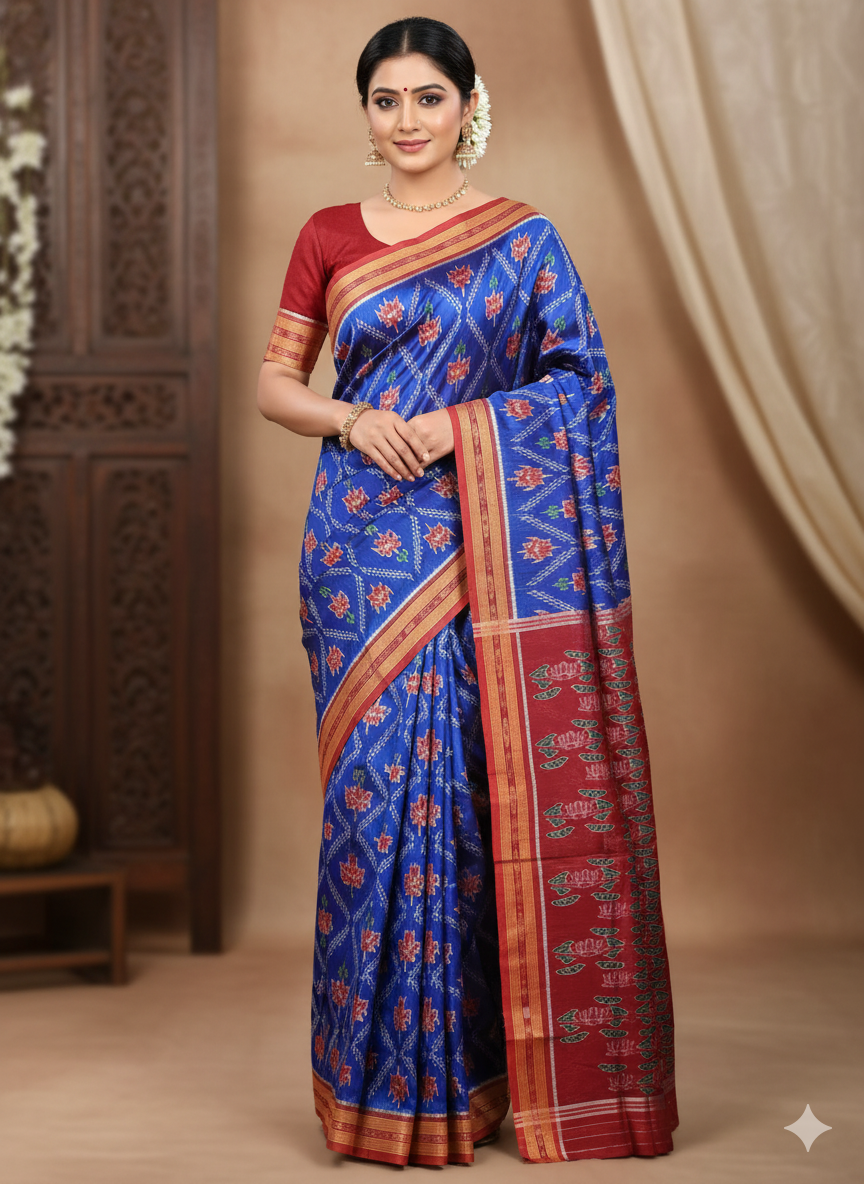 Blue Red Lotus Design Khandua Silk Saree
