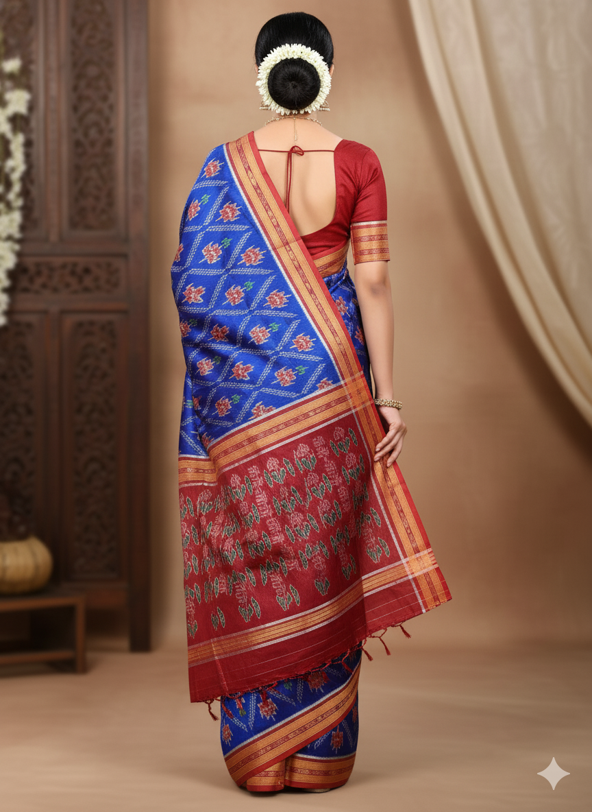 Blue Red Lotus Design Khandua Silk Saree