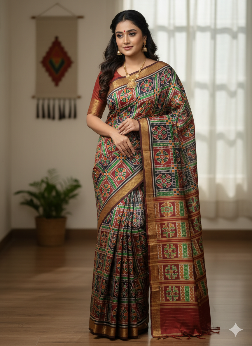 Maroon Green Utkal Laxmi Design Khandua Silk Saree