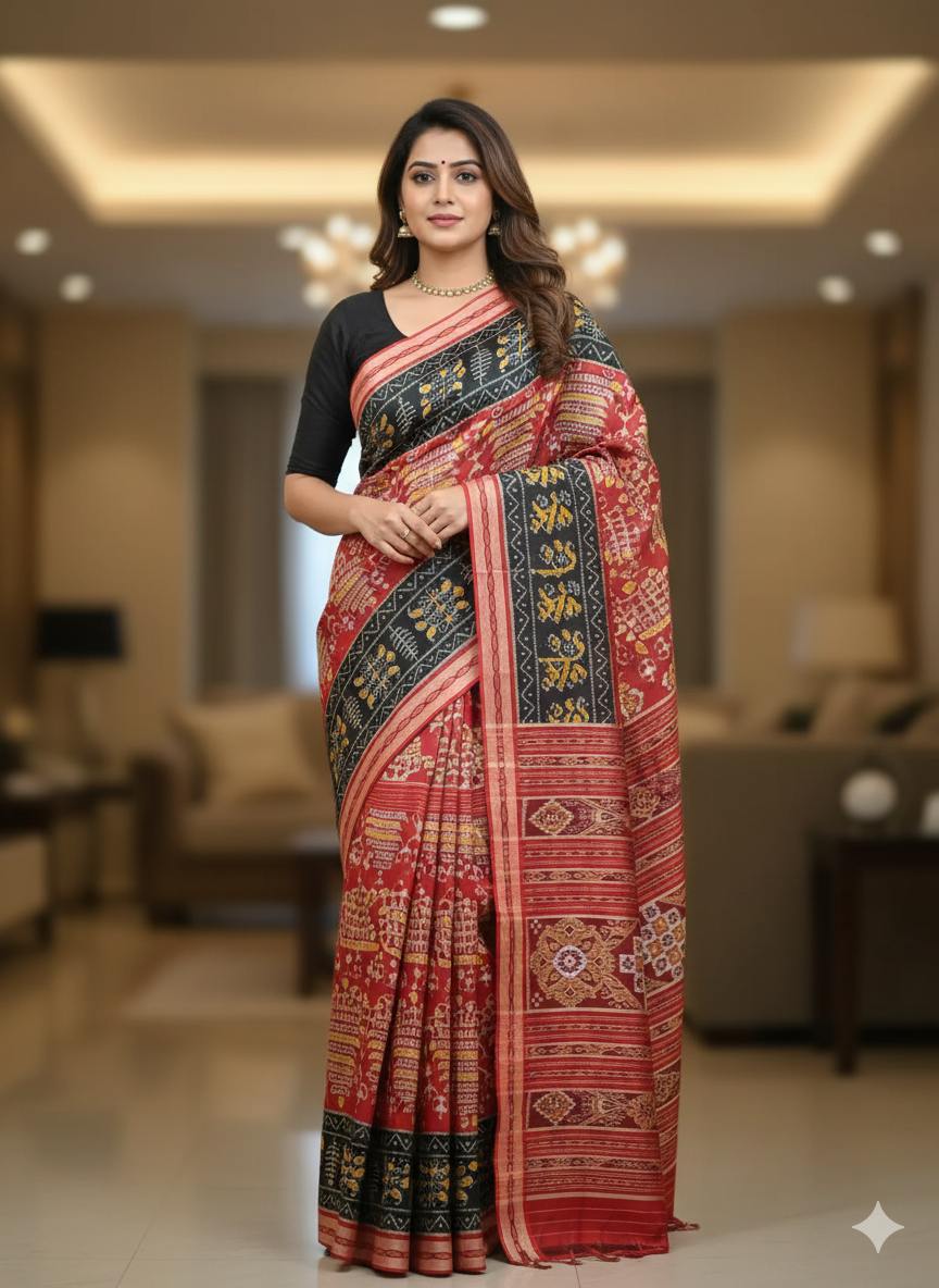 Maroon Black Tree And Tribal Design Khandua Silk Saree
