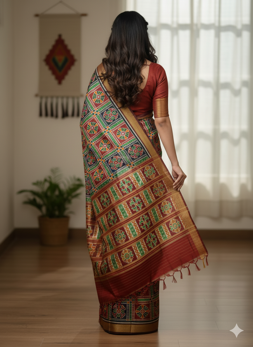 Maroon Green Utkal Laxmi Design Khandua Silk Saree