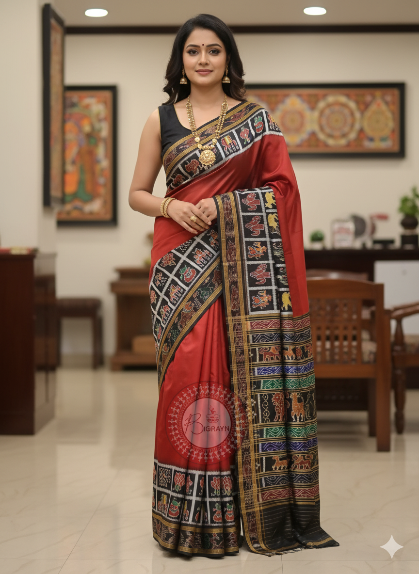 Maroon Black Scot Animal Design Khandua Silk Saree