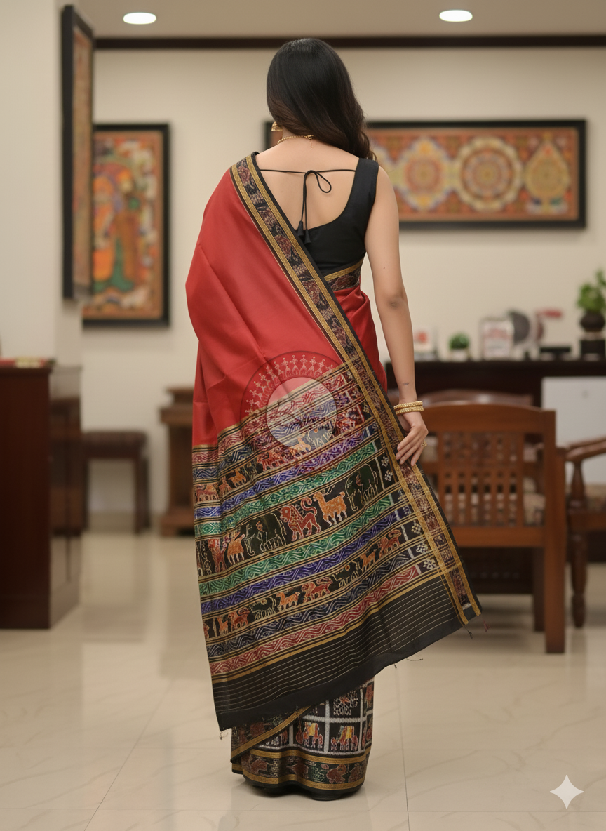Maroon Black Scot Animal Design Khandua Silk Saree