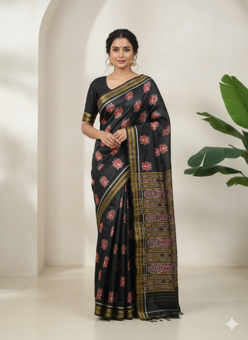 Black Lotus Design Khandua Silk Saree